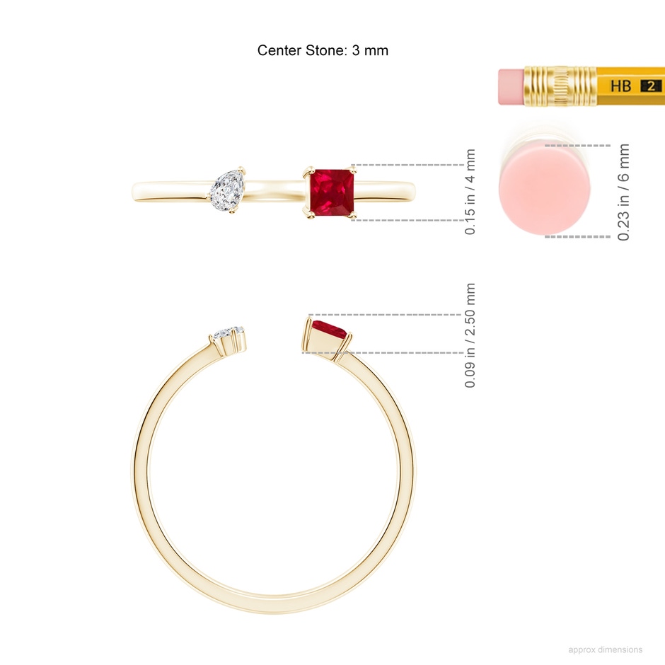 3mm AAA Two-Stone Square Ruby & Pear Diamond Open Ring in Yellow Gold ruler