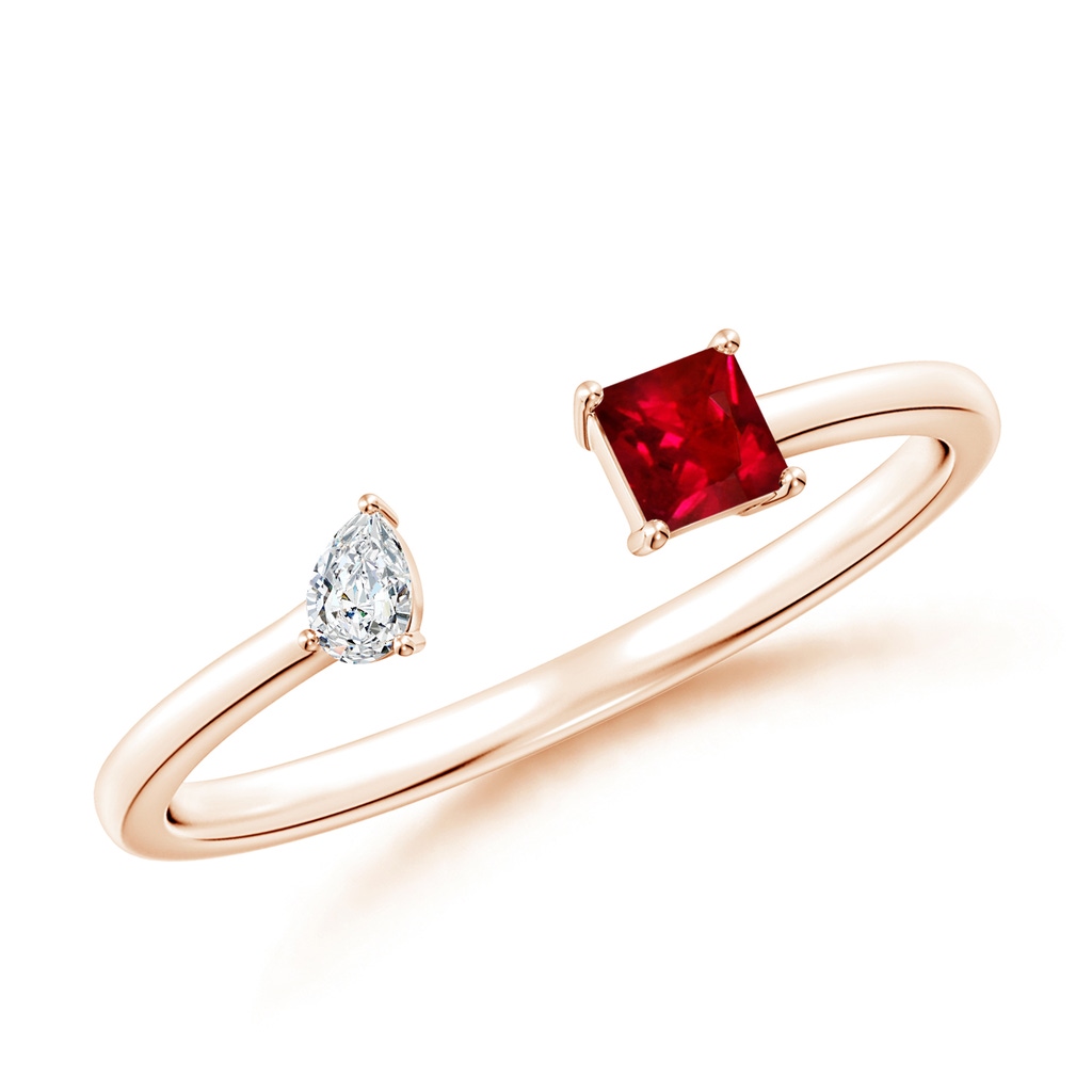 3mm AAAA Two-Stone Square Ruby & Pear Diamond Open Ring in Rose Gold