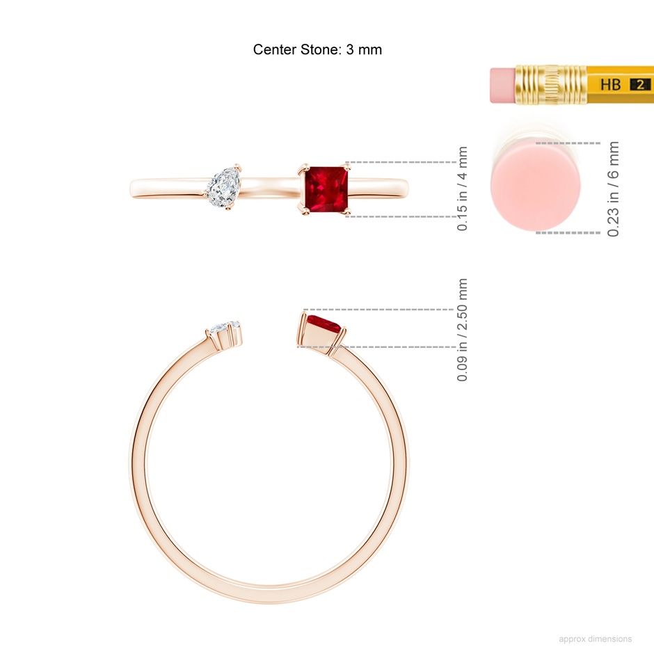 3mm AAAA Two-Stone Square Ruby & Pear Diamond Open Ring in Rose Gold ruler