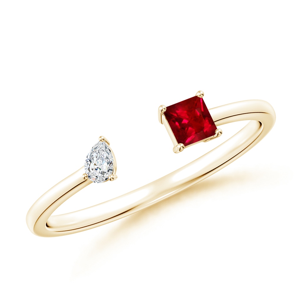 3mm AAAA Two-Stone Square Ruby & Pear Diamond Open Ring in Yellow Gold