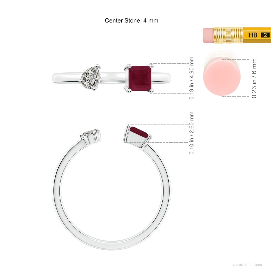 4mm A Two-Stone Square Ruby & Pear Diamond Open Ring in White Gold ruler