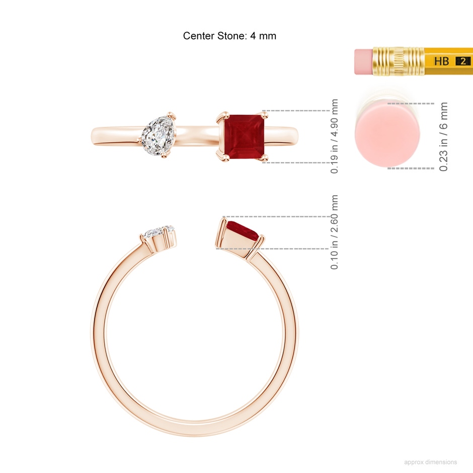 4mm AA Two-Stone Square Ruby & Pear Diamond Open Ring in Rose Gold ruler