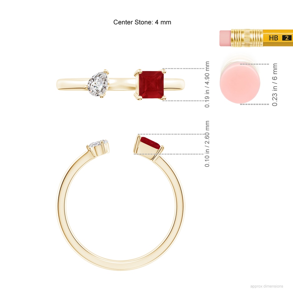 4mm AA Two-Stone Square Ruby & Pear Diamond Open Ring in Yellow Gold ruler
