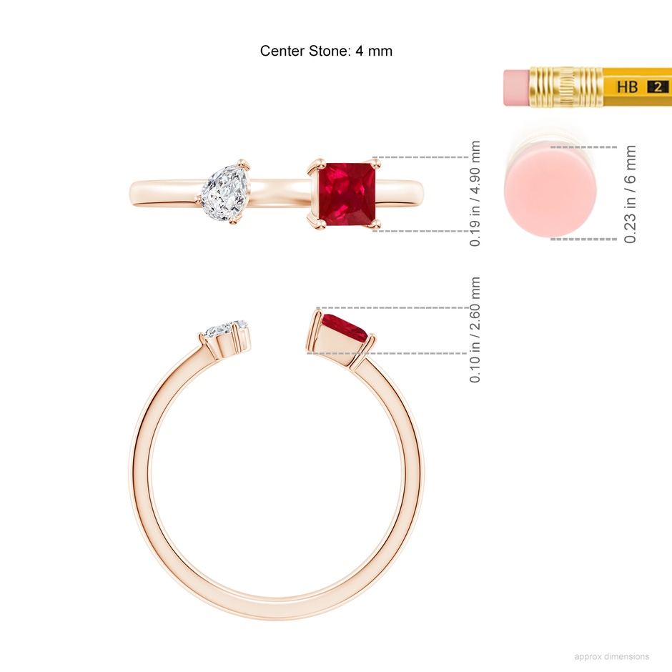 4mm AAA Two-Stone Square Ruby & Pear Diamond Open Ring in Rose Gold ruler