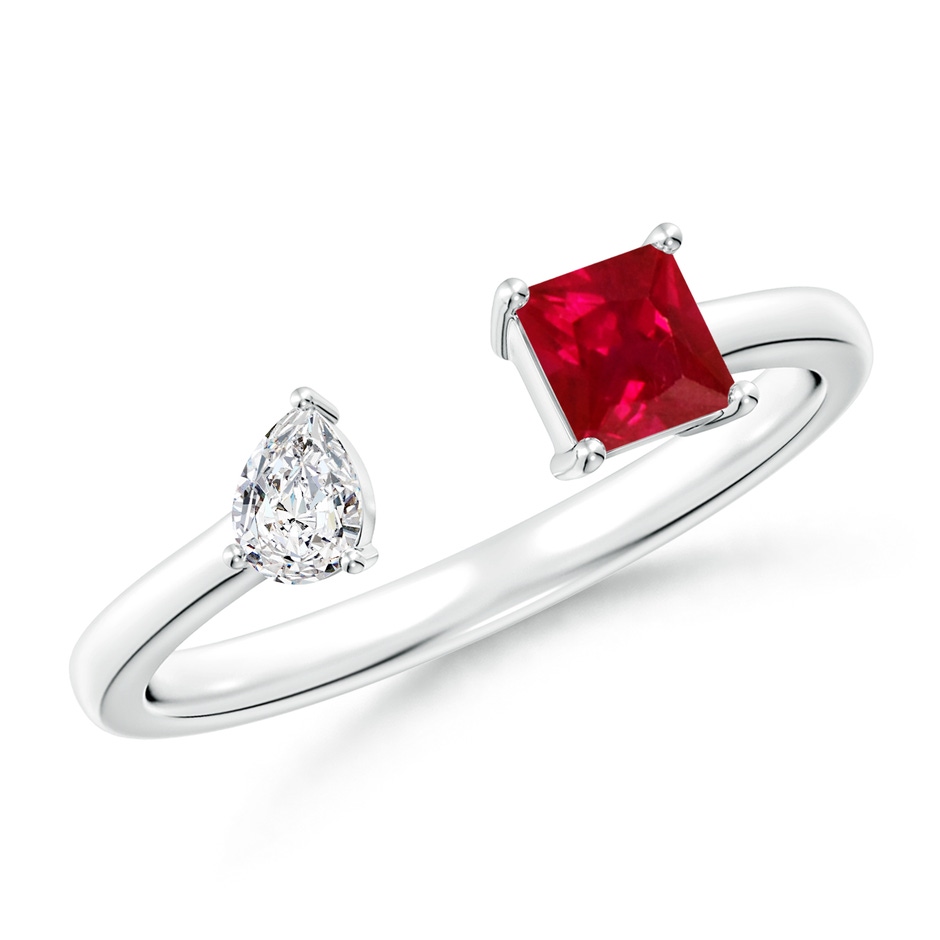 4mm AAA Two-Stone Square Ruby & Pear Diamond Open Ring in White Gold 