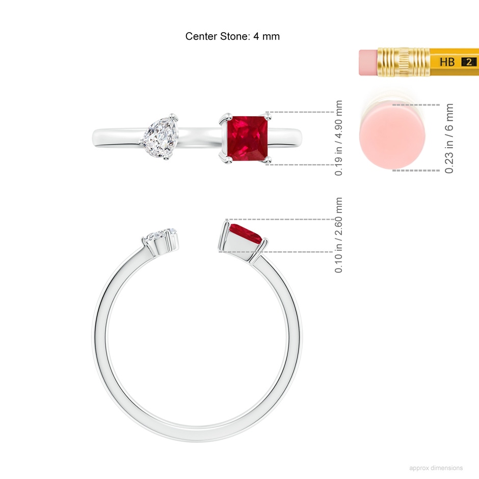 4mm AAA Two-Stone Square Ruby & Pear Diamond Open Ring in White Gold ruler