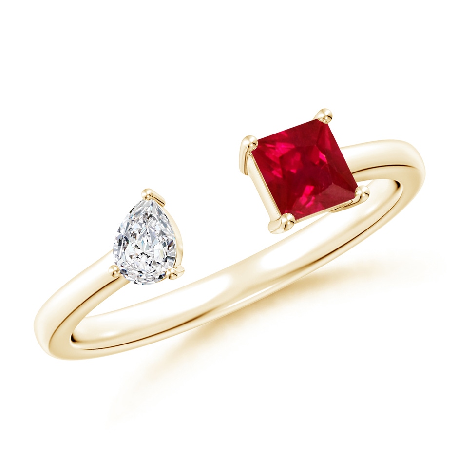 4mm AAA Two-Stone Square Ruby & Pear Diamond Open Ring in Yellow Gold 