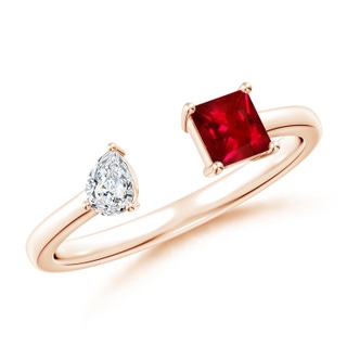 4mm AAAA Two-Stone Square Ruby & Pear Diamond Open Ring in Rose Gold