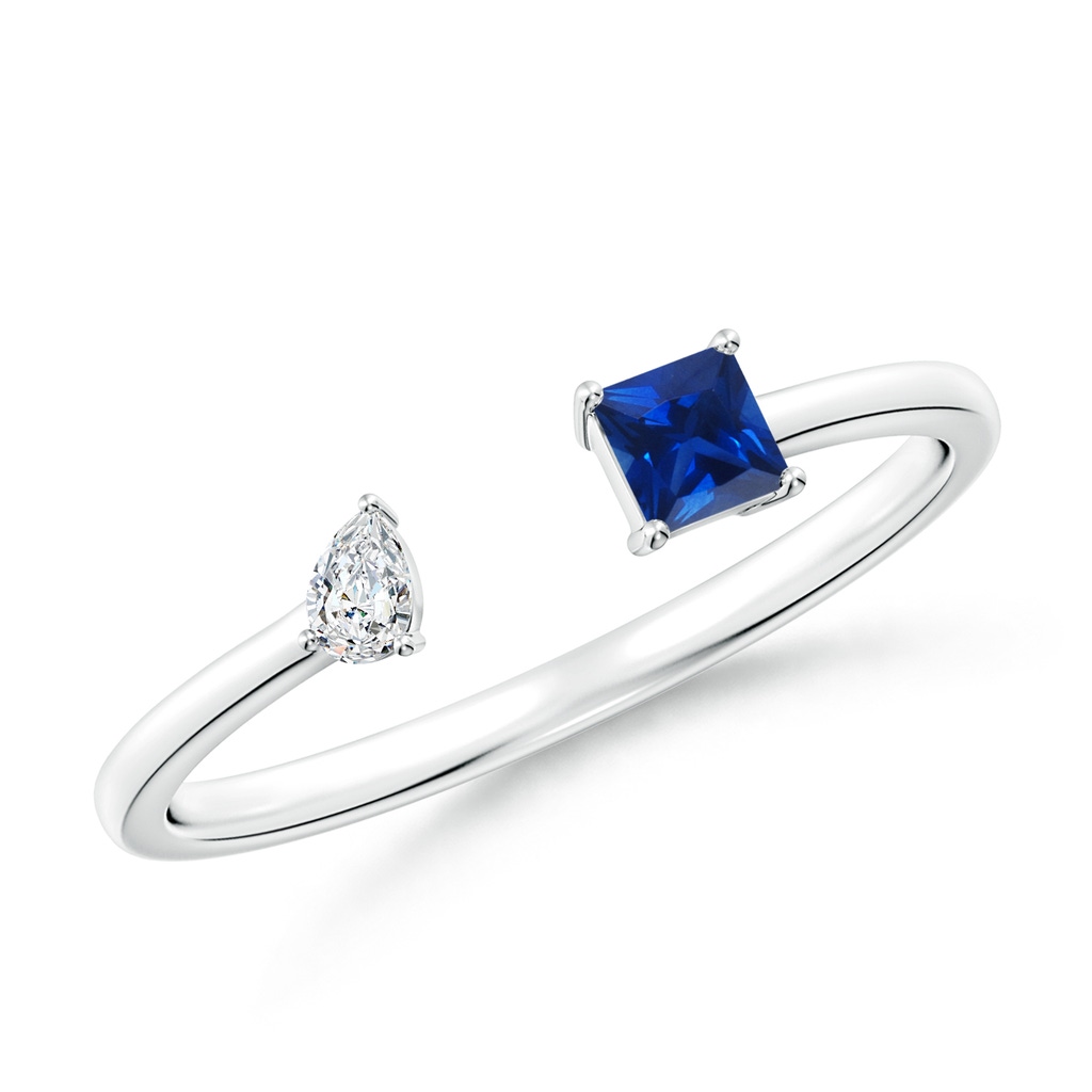 3mm AAAA Two-Stone Square Blue Sapphire & Pear Diamond Open Ring in S999 Silver