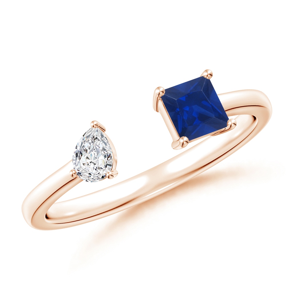 4mm AAA Two-Stone Square Blue Sapphire & Pear Diamond Open Ring in Rose Gold