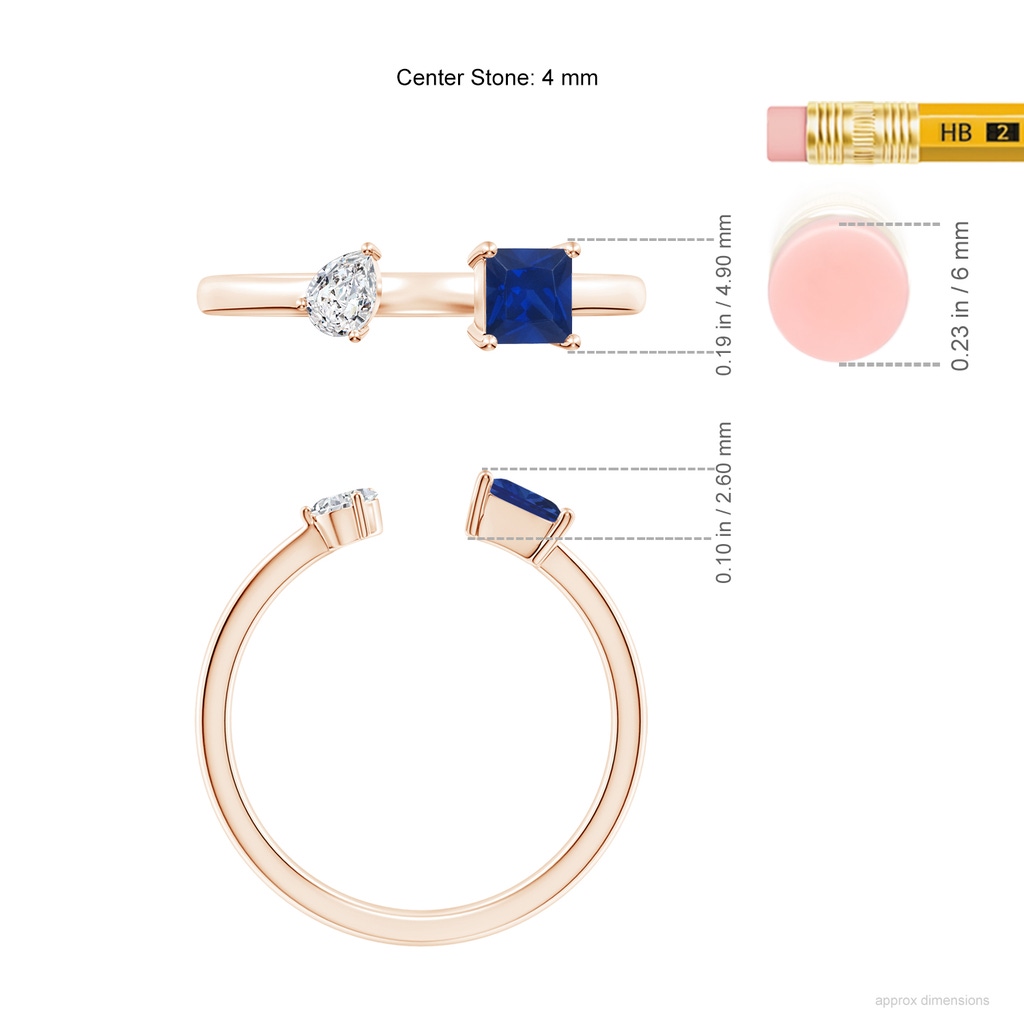 4mm AAA Two-Stone Square Blue Sapphire & Pear Diamond Open Ring in Rose Gold ruler
