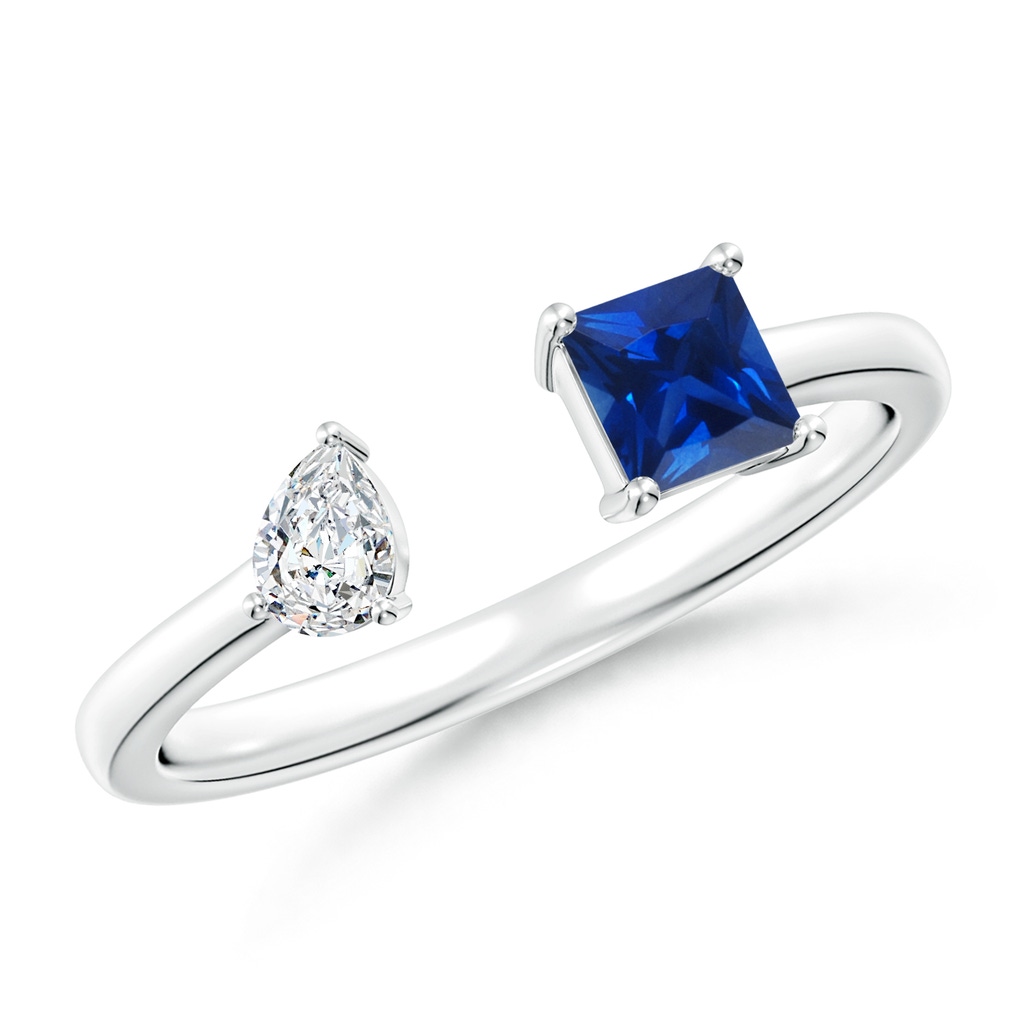 4mm AAAA Two-Stone Square Blue Sapphire & Pear Diamond Open Ring in White Gold