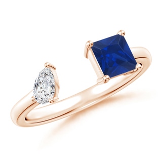 5mm AAA Two-Stone Square Blue Sapphire & Pear Diamond Open Ring in Rose Gold