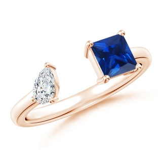 5mm AAAA Two-Stone Square Blue Sapphire & Pear Diamond Open Ring in Rose Gold