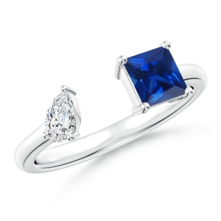 5mm AAAA Two-Stone Square Blue Sapphire & Pear Diamond Open Ring in S999 Silver