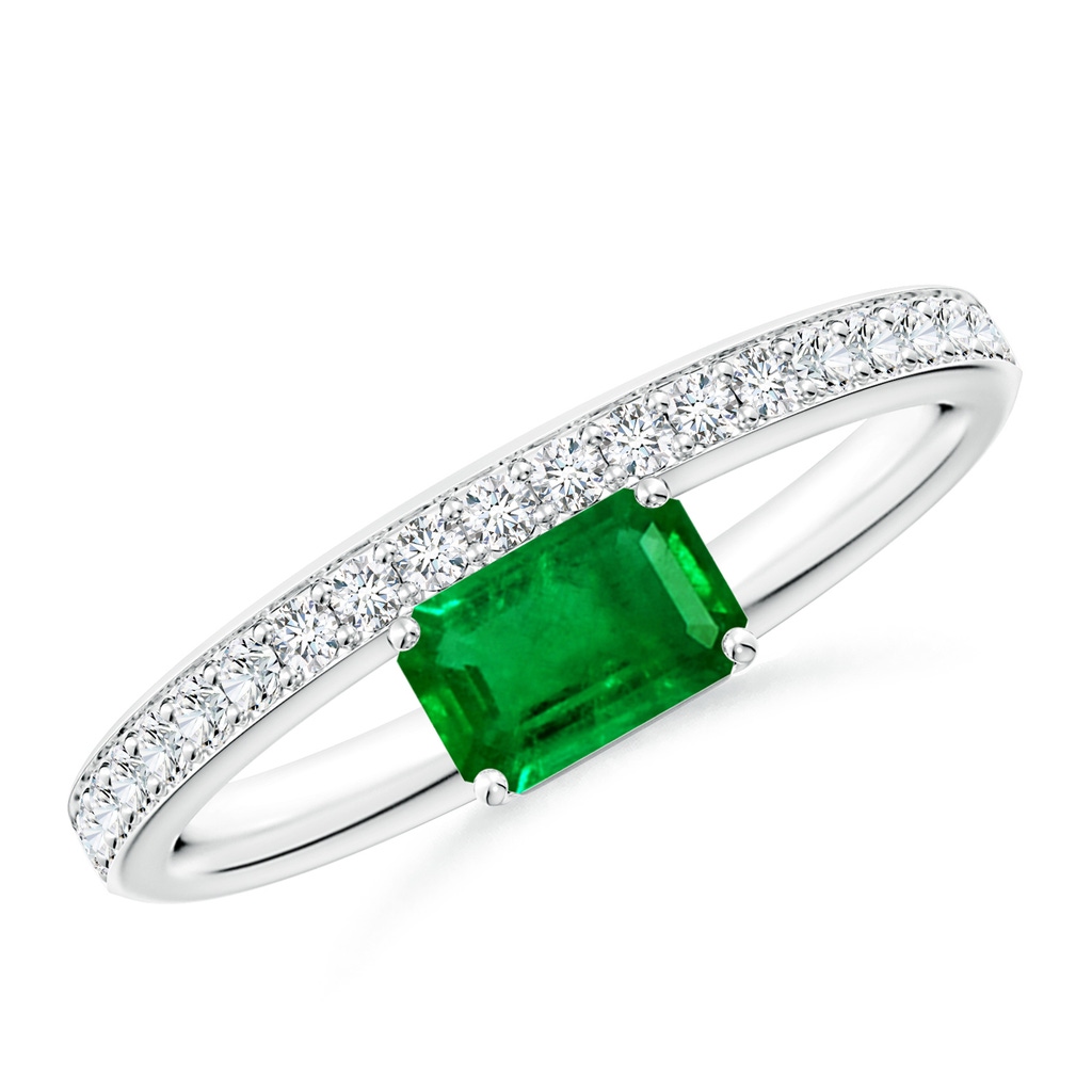 6x4mm AAAA Emerald-Cut Emerald Off-Centreed Solitaire Ring With Diamonds in P950 Platinum