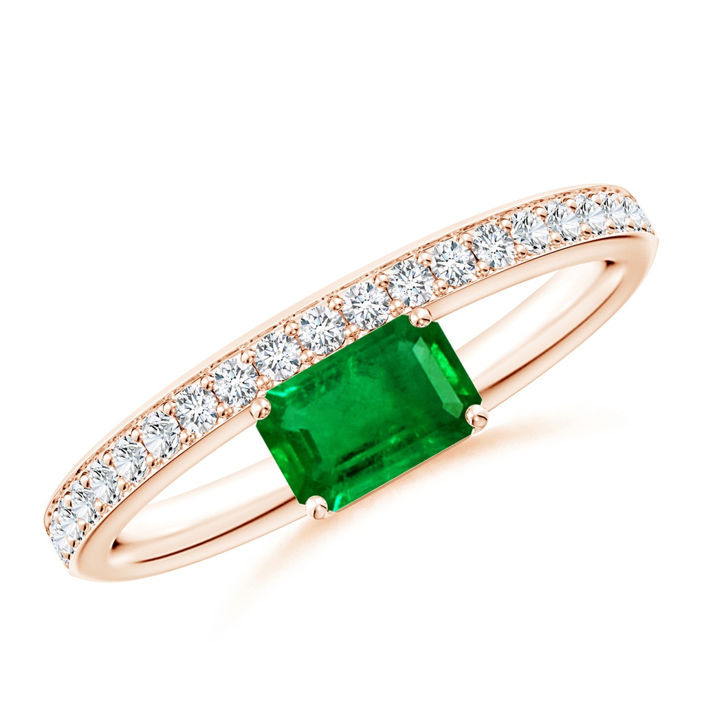 6x4mm AAAA Emerald-Cut Emerald Off-Centered Solitaire Ring With Diamonds in Rose Gold