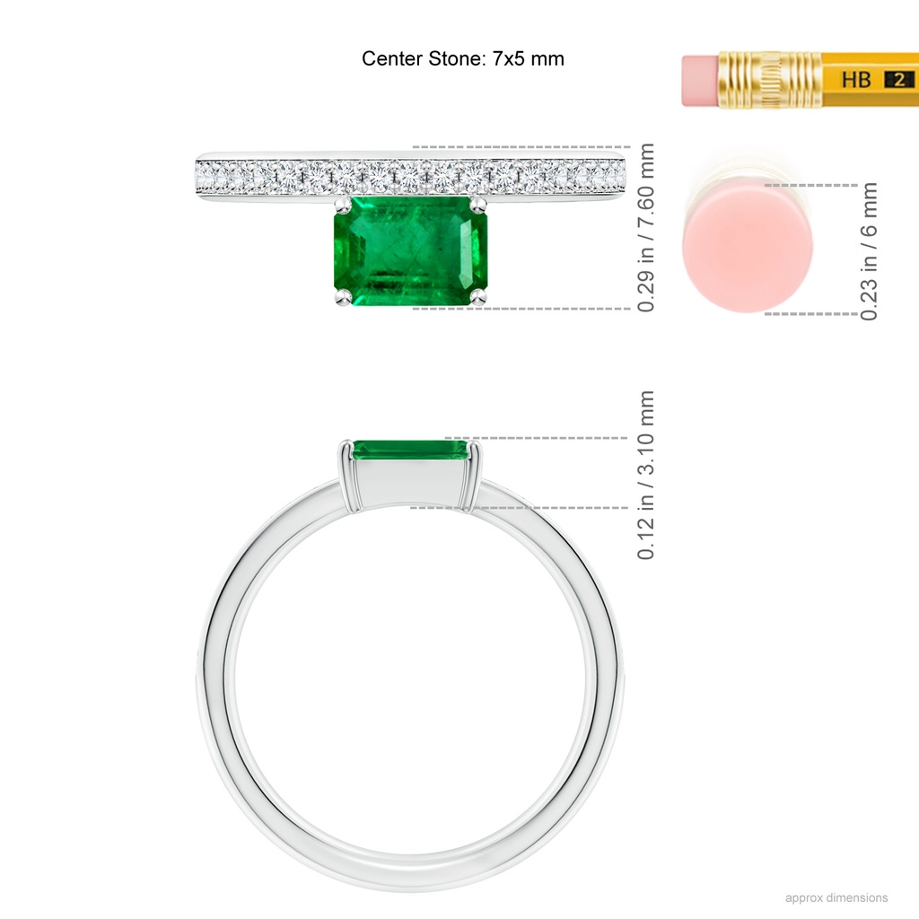 7x5mm AAA Emerald-Cut Emerald Off-Centered Solitaire Ring With Diamonds in White Gold ruler