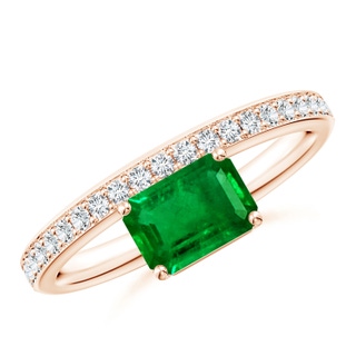 7x5mm AAAA Emerald-Cut Emerald Off-Centreed Solitaire Ring With Diamonds in 9K Rose Gold