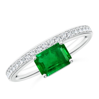 7x5mm AAAA Emerald-Cut Emerald Off-Centreed Solitaire Ring With Diamonds in P950 Platinum