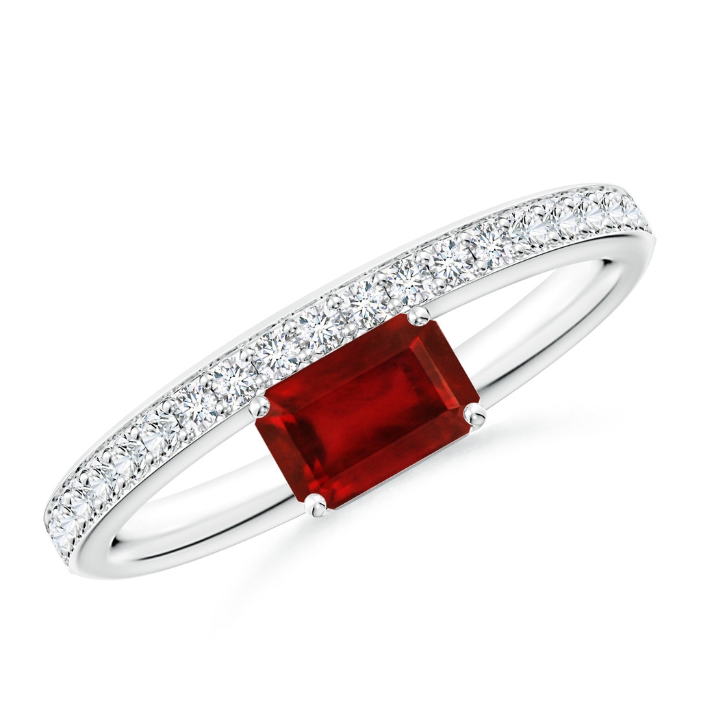 6x4mm Lab-Grown Emerald-Cut Ruby Off-Centered Solitaire Ring With Diamonds in S999 Silver