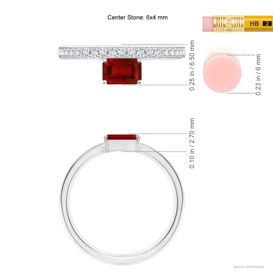 6x4mm Lab-Grown Emerald-Cut Ruby Off-Centered Solitaire Ring With Diamonds in White Gold ruler