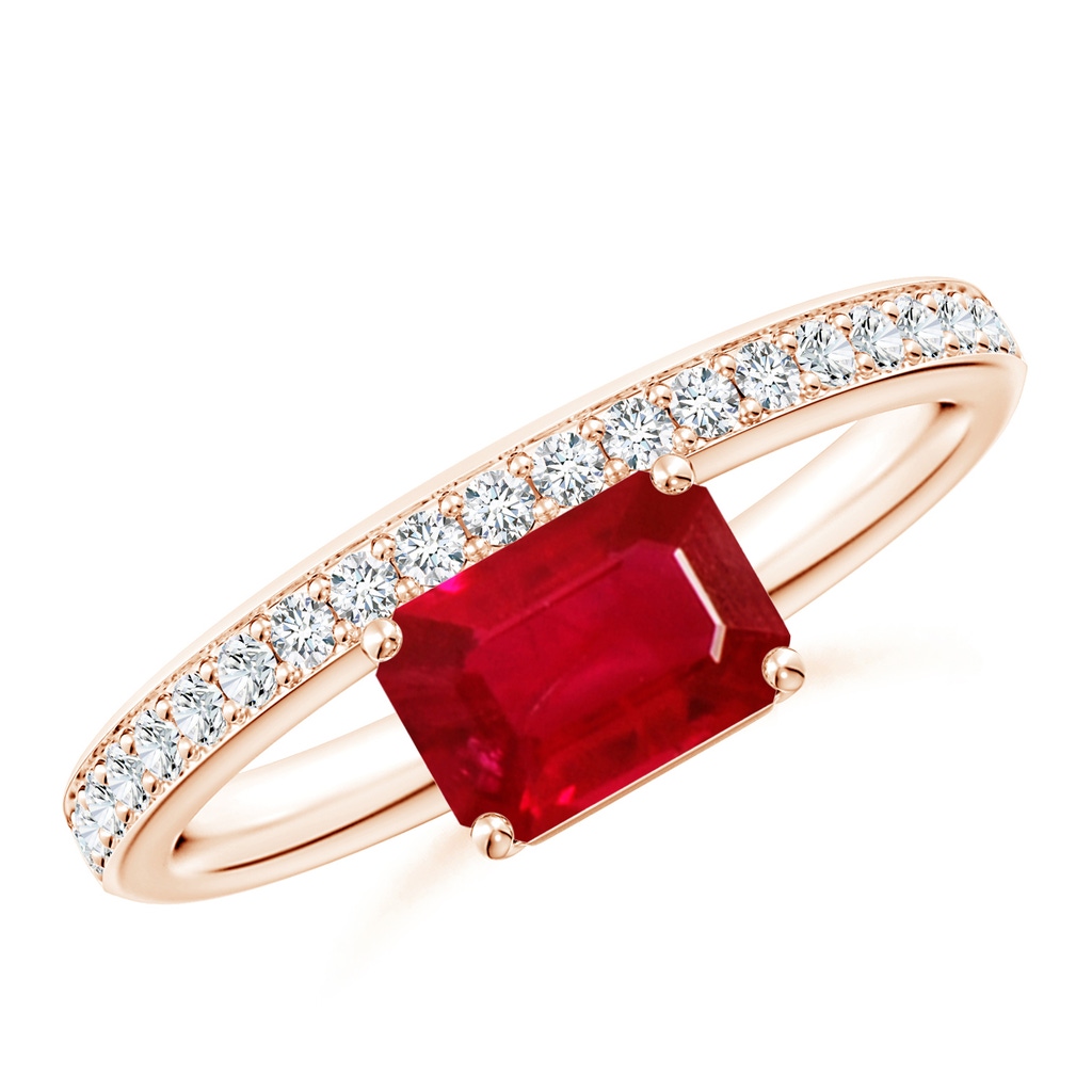 7x5mm AAA Emerald-Cut Ruby Off-Centreed Solitaire Ring With Diamonds in Rose Gold