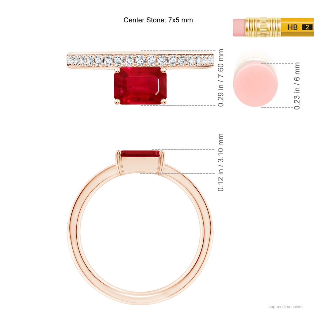 7x5mm AAA Emerald-Cut Ruby Off-Centered Solitaire Ring With Diamonds in Rose Gold ruler