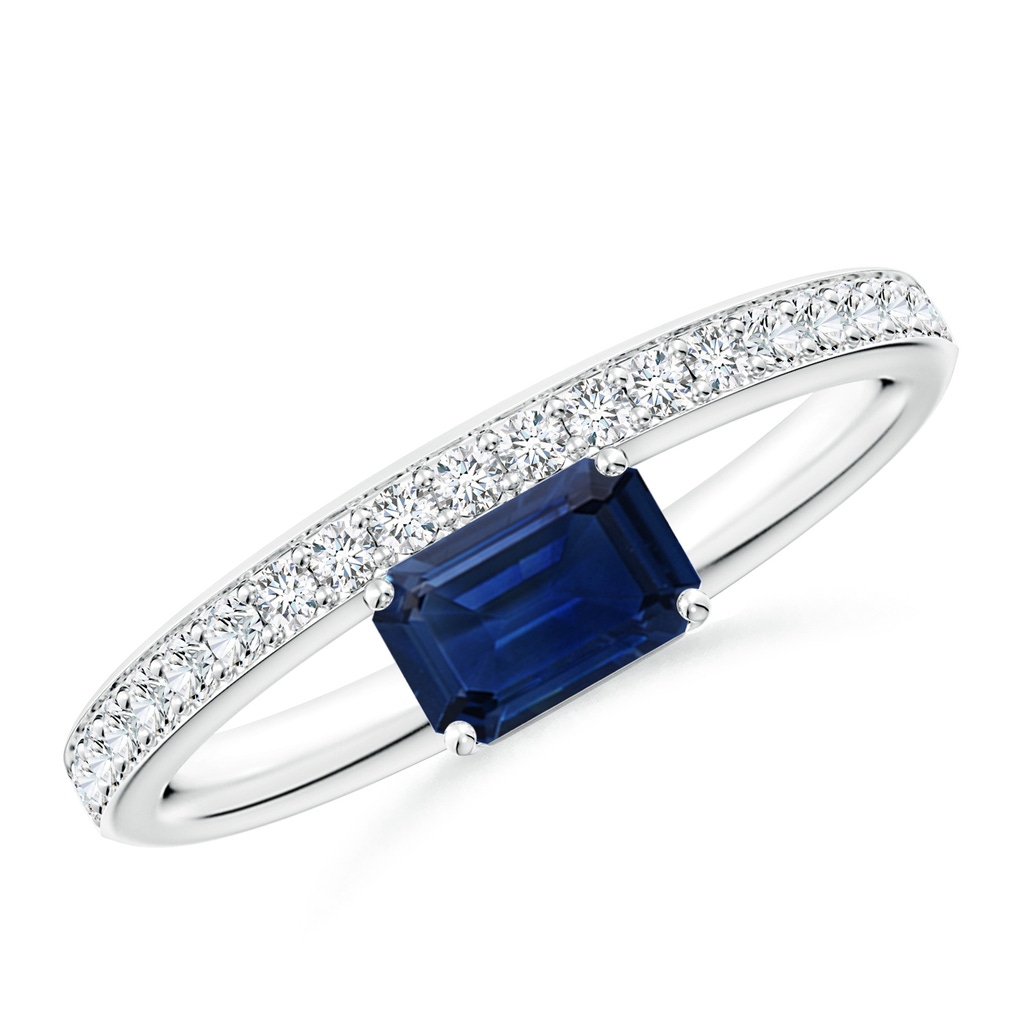 6x4mm AAA Emerald-Cut Blue Sapphire Off-Centered Solitaire Ring With Diamonds in White Gold