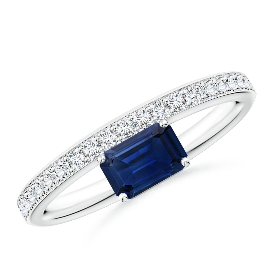 6x4mm AAA Emerald-Cut Blue Sapphire Off-Centreed Solitaire Ring With Diamonds in White Gold 