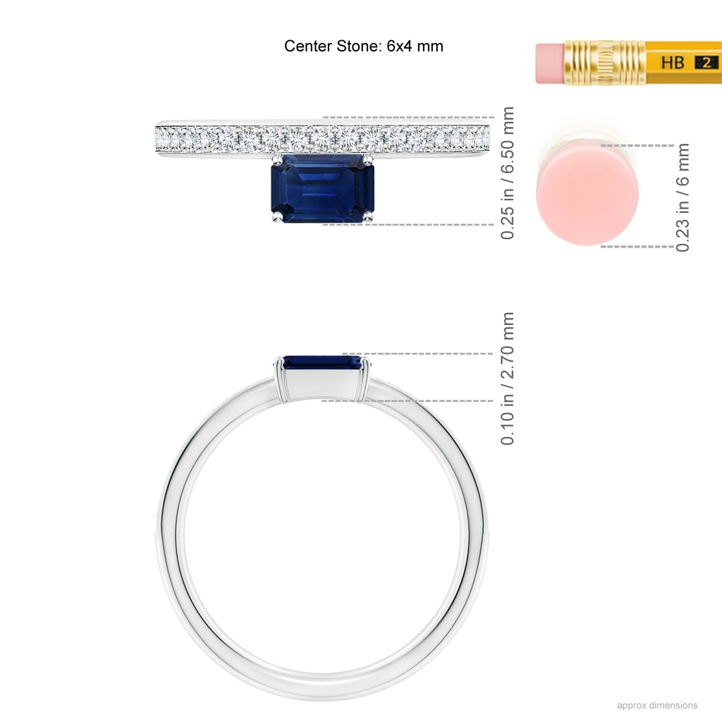 6x4mm AAA Emerald-Cut Blue Sapphire Off-Centreed Solitaire Ring With Diamonds in White Gold ruler