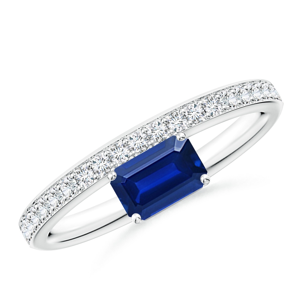 6x4mm AAAA Emerald-Cut Blue Sapphire Off-Centreed Solitaire Ring With Diamonds in S999 Silver