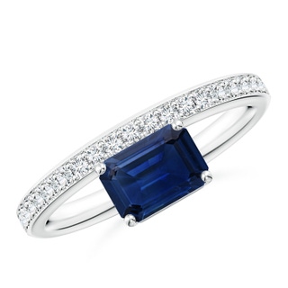 7x5mm AAA Emerald-Cut Blue Sapphire Off-Centered Solitaire Ring With Diamonds in White Gold