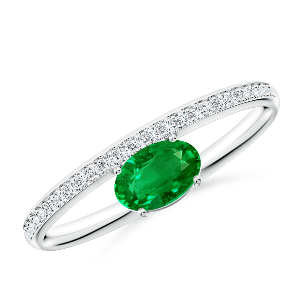 6x4mm AAAA Oval Emerald Off-Centered Solitaire Ring With Diamonds in P950 Platinum