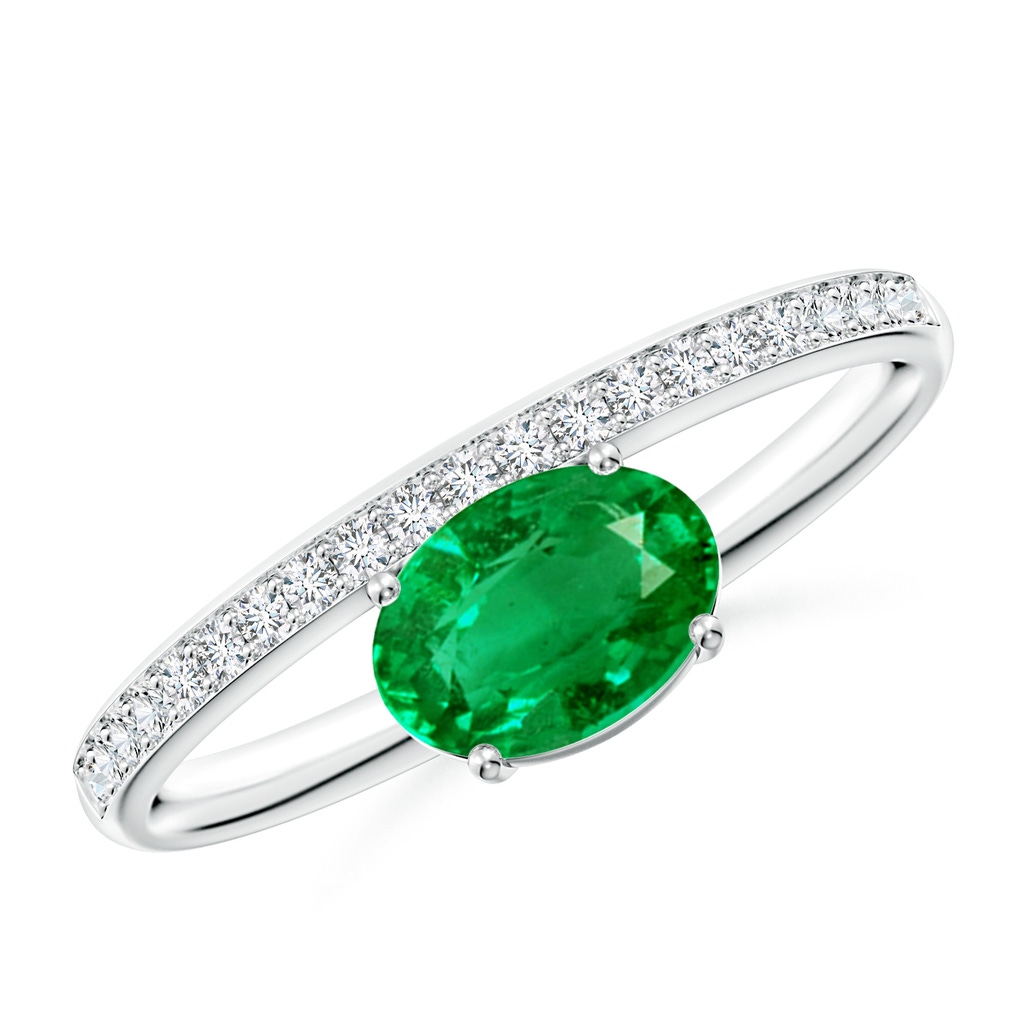 7x5mm AAA Oval Emerald Off-Centered Solitaire Ring With Diamonds in White Gold