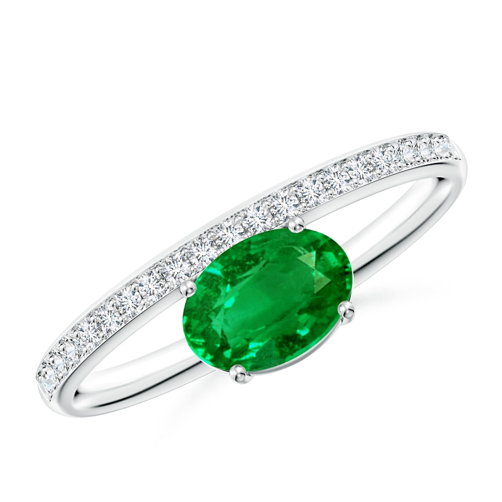 7x5mm Lab-Grown Oval Emerald Off-Centered Solitaire Ring With Diamonds in White Gold