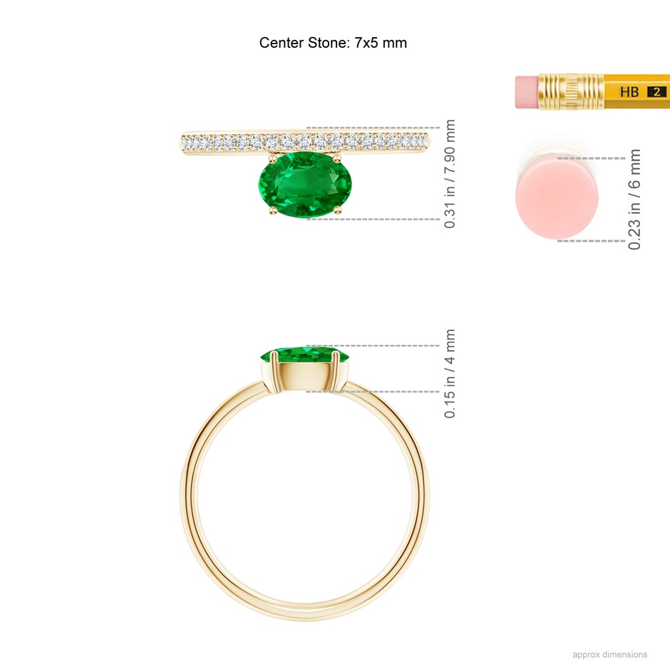 7x5mm AAAA Oval Emerald Off-Centered Solitaire Ring With Diamonds in Yellow Gold hand
