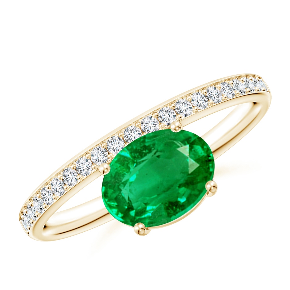 8x6mm AAA Oval Emerald Off-Centered Solitaire Ring With Diamonds in Yellow Gold 