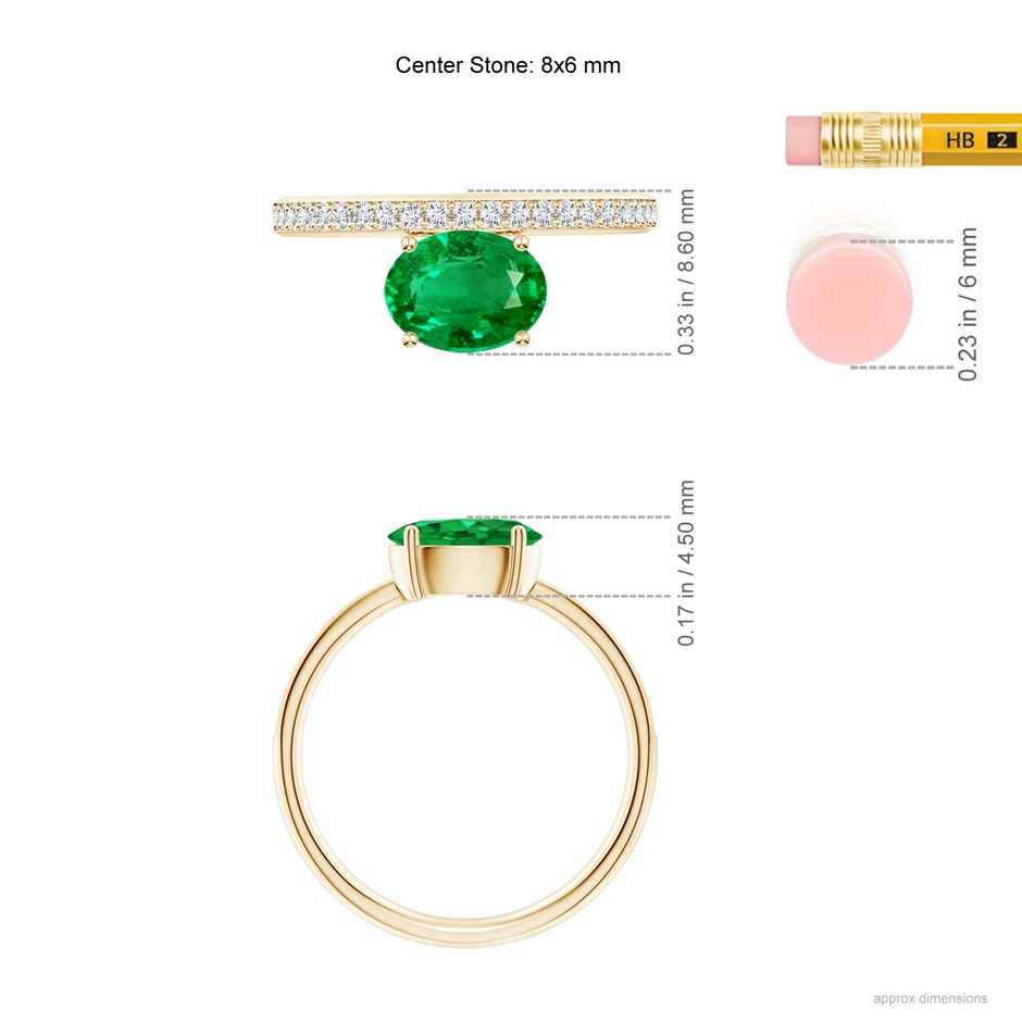 8x6mm AAA Oval Emerald Off-Centered Solitaire Ring With Diamonds in Yellow Gold hand