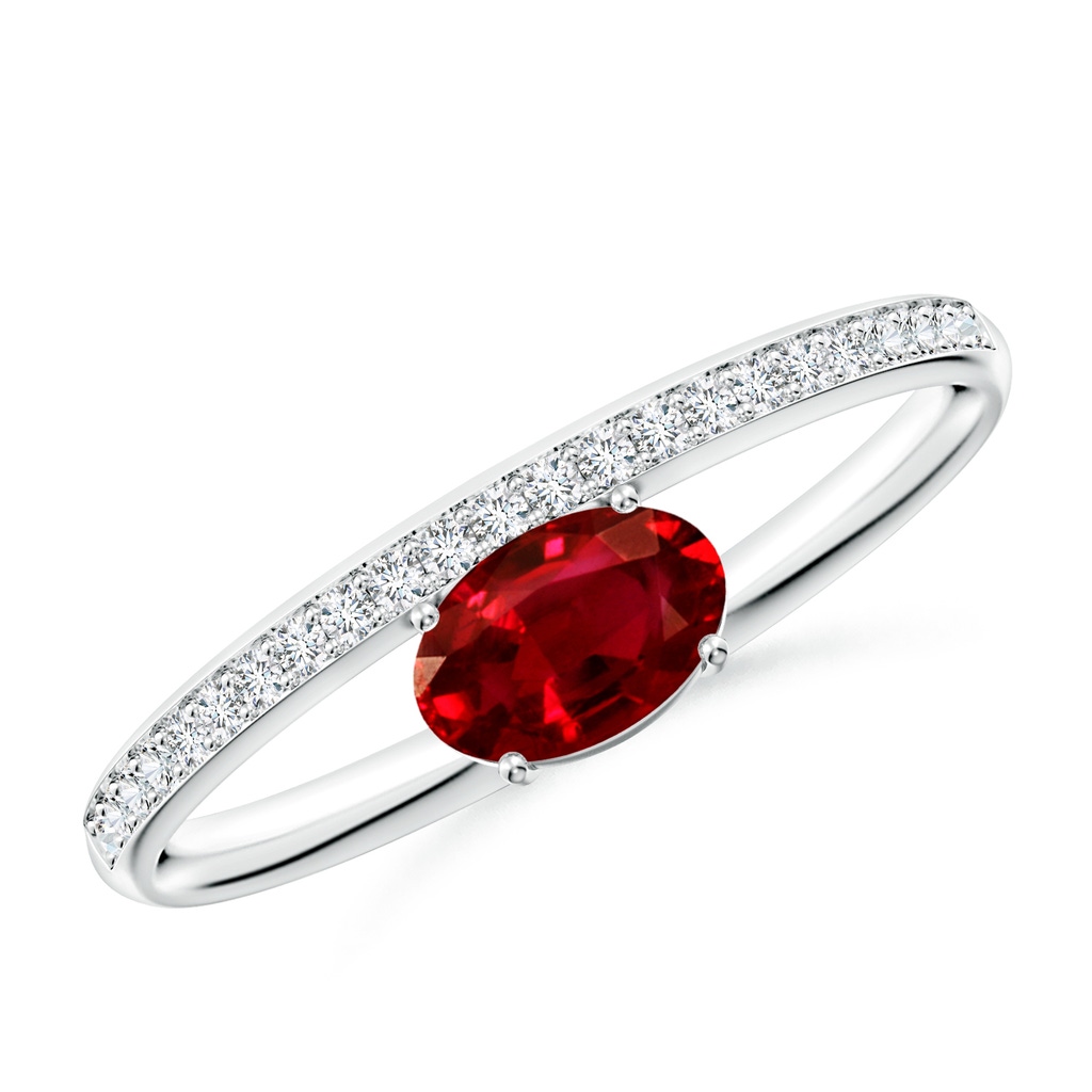 6x4mm AAAA Oval Ruby Off-Centreed Solitaire Ring With Diamonds in P950 Platinum