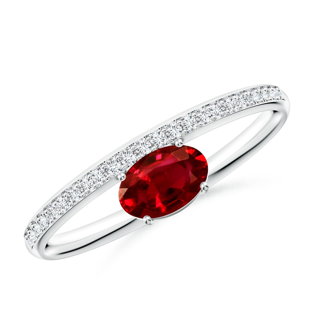 6x4mm AAAA Oval Ruby Off-Centreed Solitaire Ring With Diamonds in S999 Silver