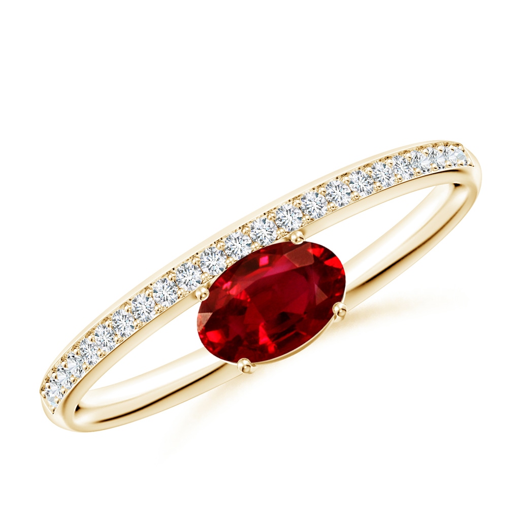 6x4mm AAAA Oval Ruby Off-Centreed Solitaire Ring With Diamonds in Yellow Gold