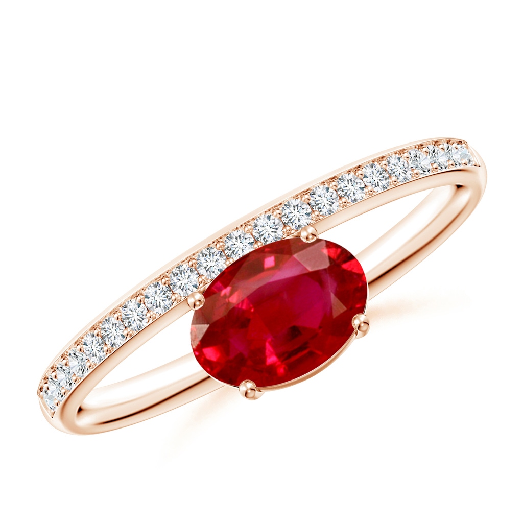 7x5mm AAA Oval Ruby Off-Centreed Solitaire Ring With Diamonds in Rose Gold