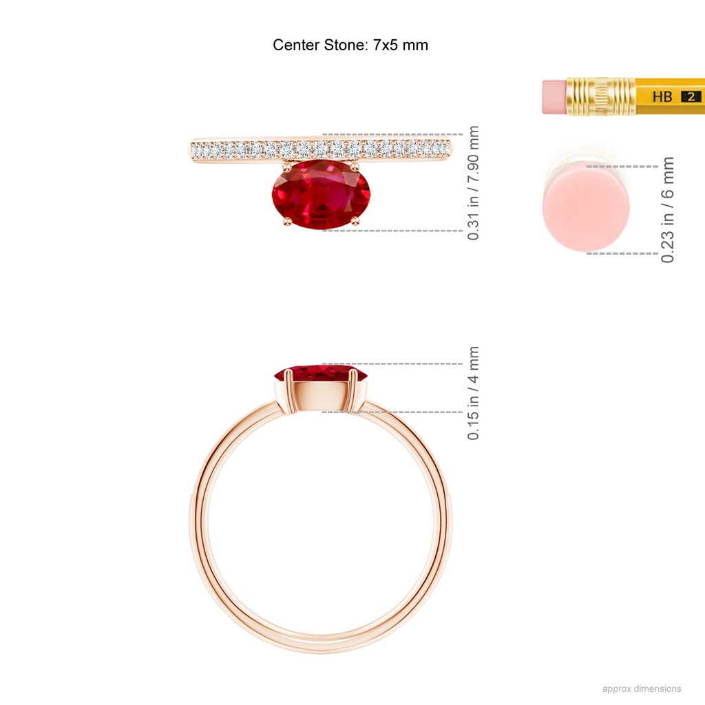 7x5mm AAA Oval Ruby Off-Centreed Solitaire Ring With Diamonds in Rose Gold hand
