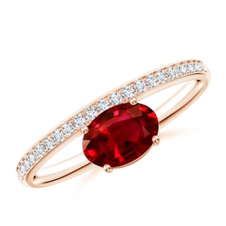 7x5mm AAAA Oval Ruby Off-Centreed Solitaire Ring With Diamonds in Rose Gold