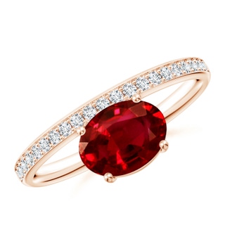 8x6mm AAAA Oval Ruby Off-Centreed Solitaire Ring With Diamonds in Rose Gold