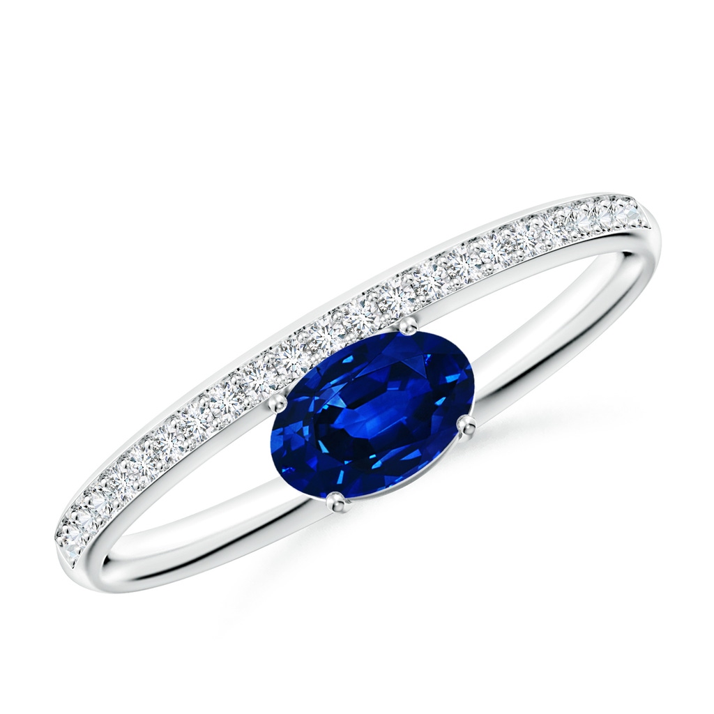 6x4mm AAAA Oval Blue Sapphire Off-Centreed Solitaire Ring With Diamonds in S999 Silver