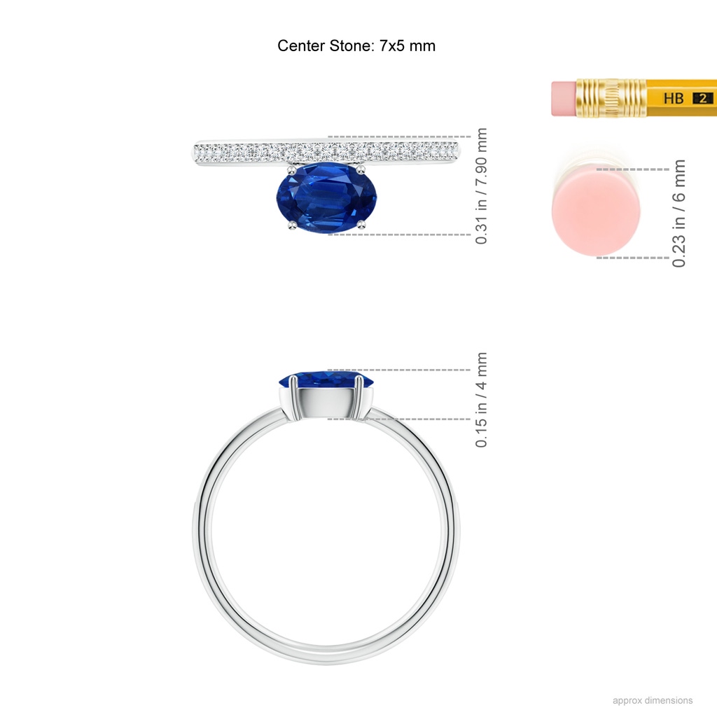 7x5mm AAA Oval Blue Sapphire Off-Centreed Solitaire Ring With Diamonds in White Gold ruler