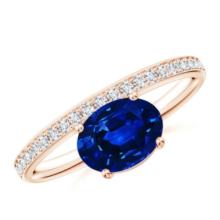 8x6mm AAAA Oval Blue Sapphire Off-Centreed Solitaire Ring With Diamonds in Rose Gold