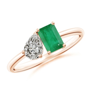 6x4mm A Classic Two-Stone Emerald-Cut Emerald & Pear Diamond Ring in 9K Rose Gold